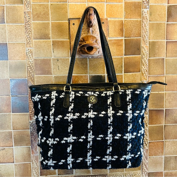 Christian Lacroix bag/tote plaid fabric navy & white, brass accents 16.5"W 11"H - Picture 1 of 7